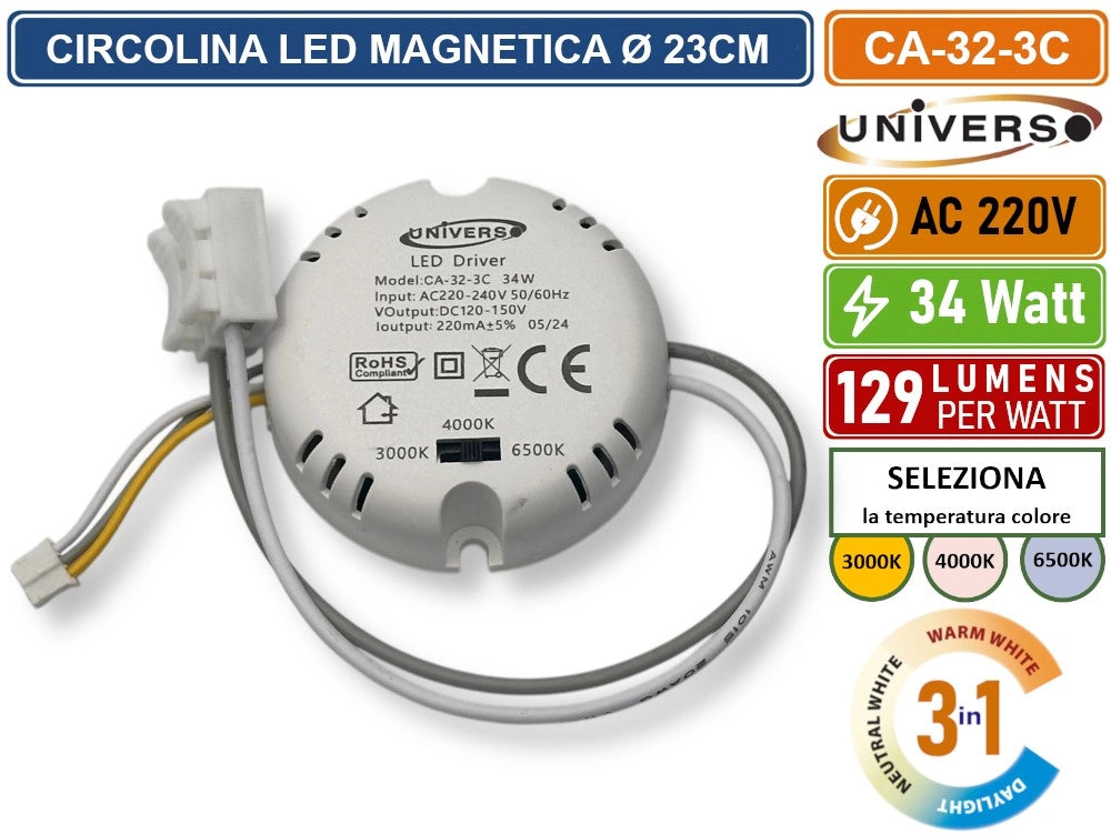 CIRCOLINA MAGNETICA NEON LED PIASTRA DISCO ANELLO PLAFONIERA CIRCOLARE LAMPADA T9 G10Q 34W Ø23CM COLORE LUCE SELEZIONABILE CCT 3IN1 3000K - 4000K -6500K
