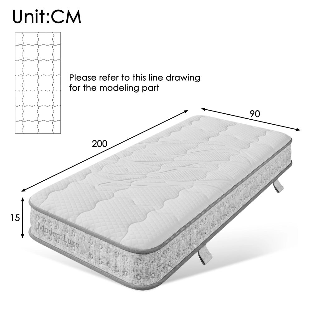 Materasso a molle insacchettate 7 zone H3. schiuma fredda, bianco, 90 × 200 × 15 cm