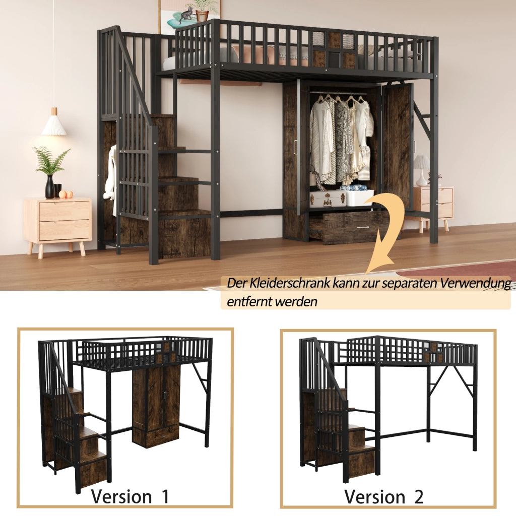 Letto a soppalco con armadio scala contenitore e cassetto in metallo e legno nero