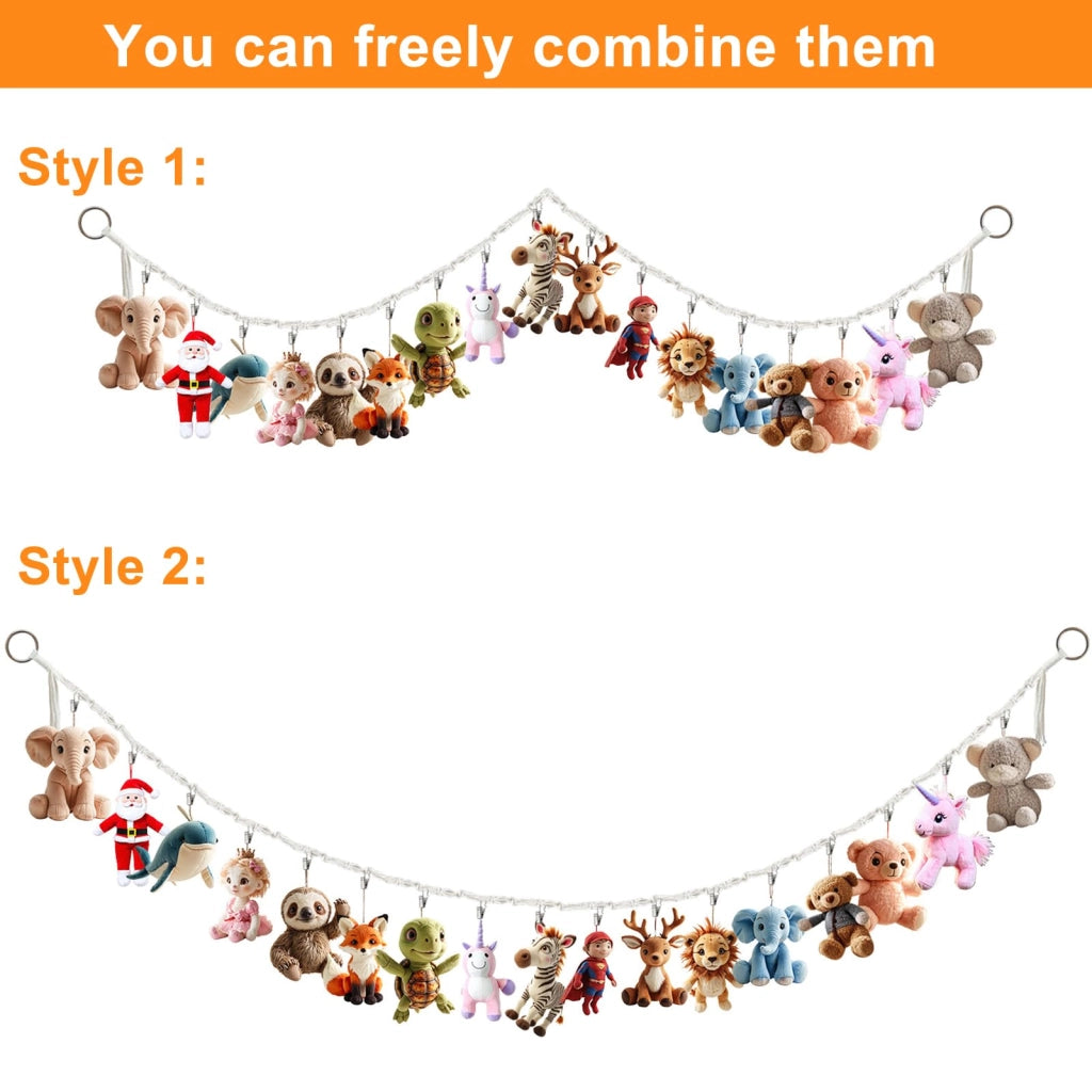Rete per riporre i peluche, confezione da 2 pezzi, lunghezza 2 metri, con 40 clip