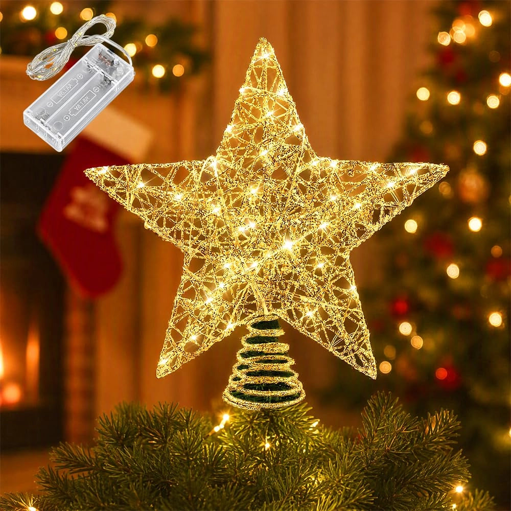 Stella per la punta dell'albero di Natale, 20 x 25 cm, color oro, con 20 LED bianchi caldi, alimentata a batteria