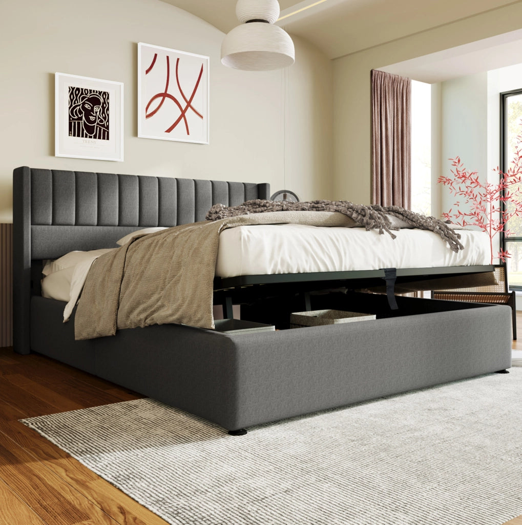 Letto contenitore matrimoniale idraulico 140 × 200 cm in lino grigio