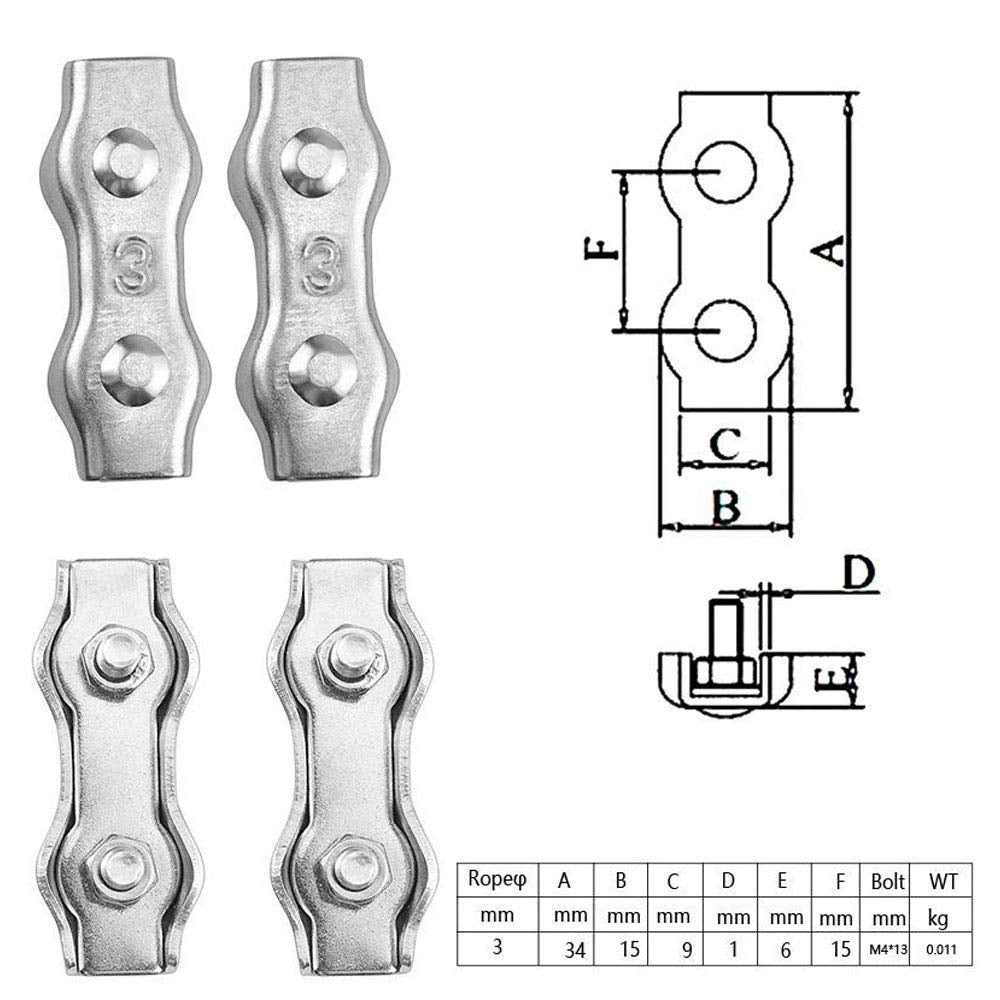 12 morsetti in acciaio inossidabile per cavi in filo, modello M3, diametro 2 mm, acciaio duplex