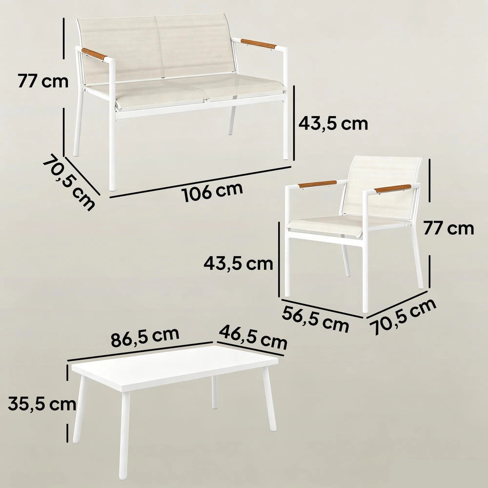 Set Salotto da Giardino 4 Posti con Divano 2 Posti 2 Poltrone e Tavolino in Metallo per Terrazzo e Giardino Robusto e Traspirante