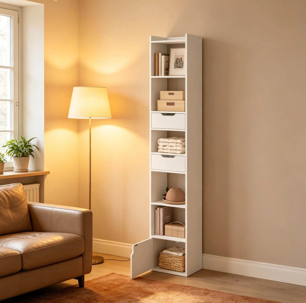 Libreria bianca 33 x 181 x 24 cm con 6 ripiani e 2 cassetti