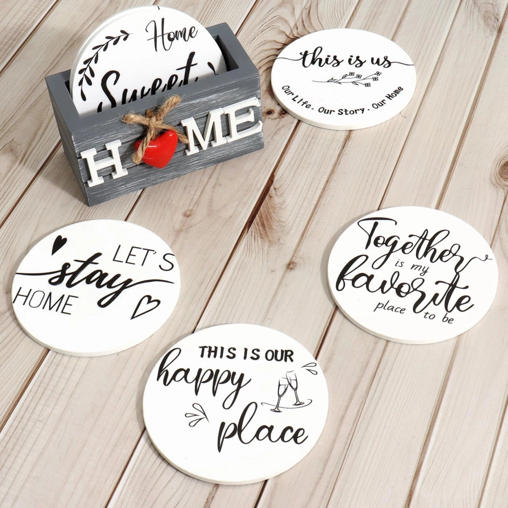 Set di 6 sottobicchieri in legno, diametro 10 cm, con supporto, stile rustico
