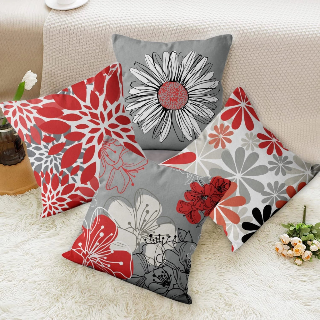 Coperte per cuscini, 45x45 cm, set da 4, motivo floreale rosso e grigio, in lino