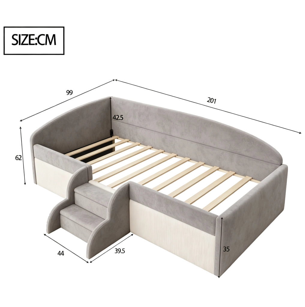 Letto per bambini imbottito 90 x 190 cm con gradini e sponde, grigio