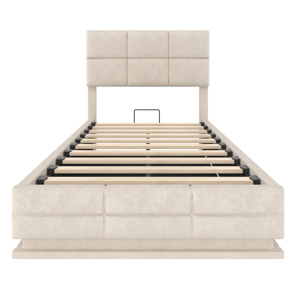 Letto singolo imbottito IVMEU 90x200 cm con contenitore, testiera regolabile, LED e porte USB, velluto beige