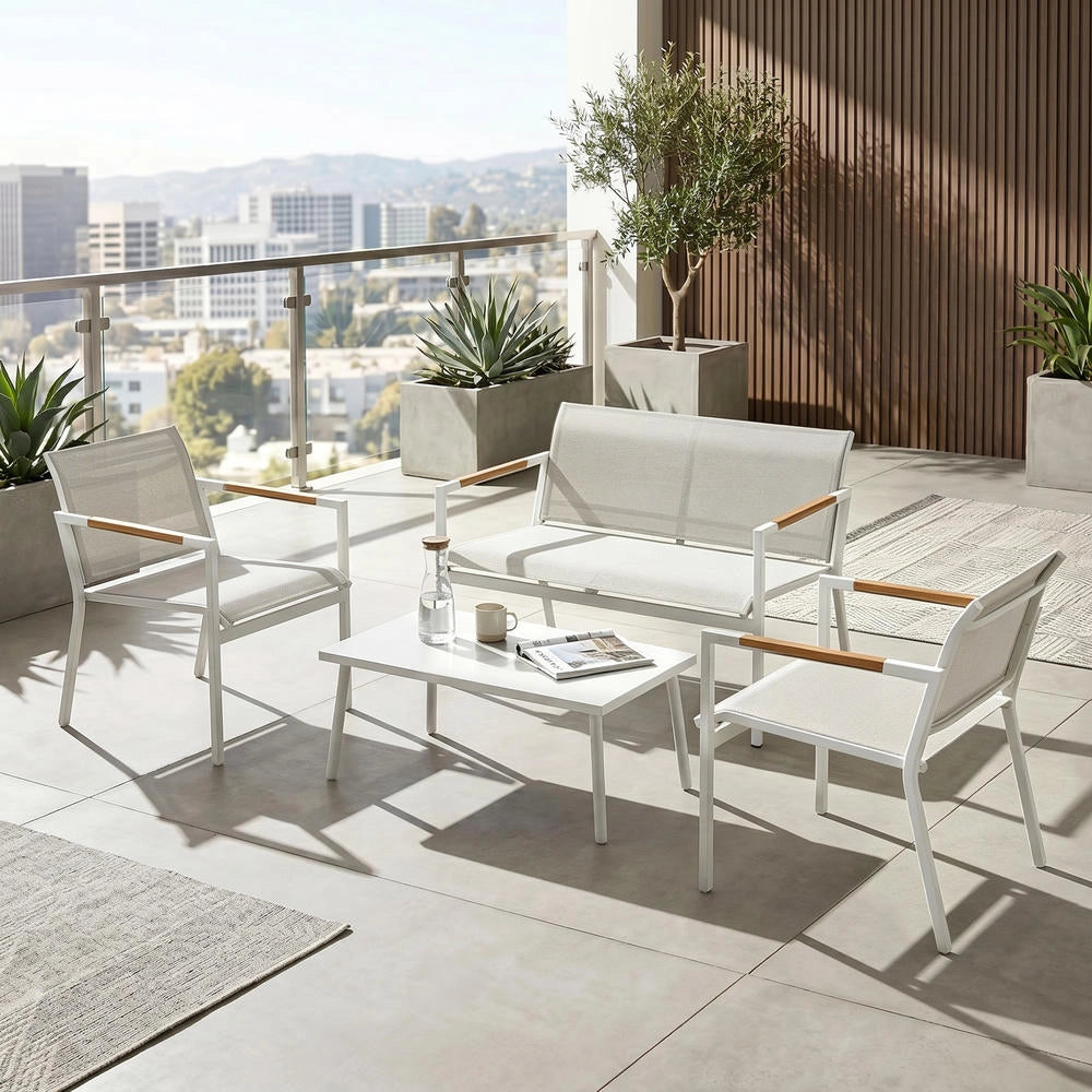 Set Salotto da Giardino 4 Posti con Divano 2 Posti 2 Poltrone e Tavolino in Metallo per Terrazzo e Giardino Robusto e Traspirante