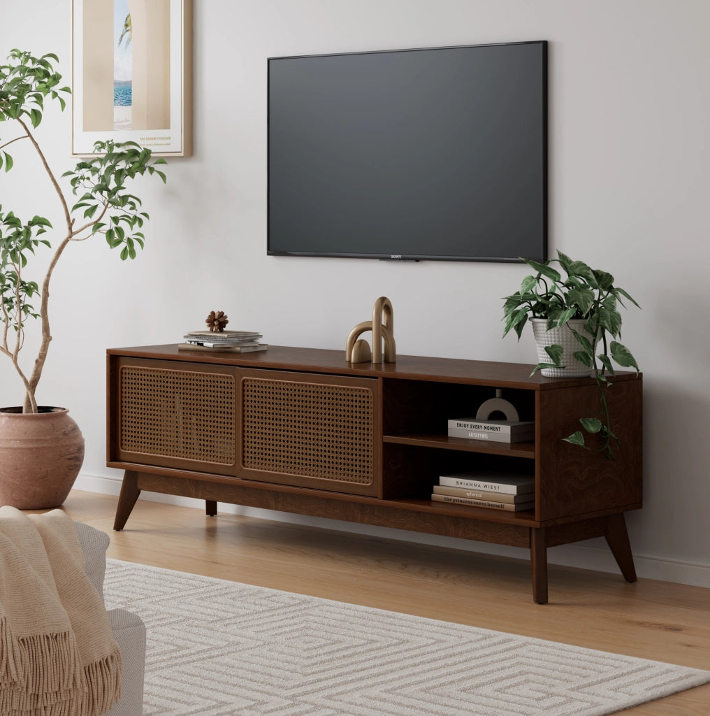 Mobile TV in MDF e legno massello con ante in rattan, noce
