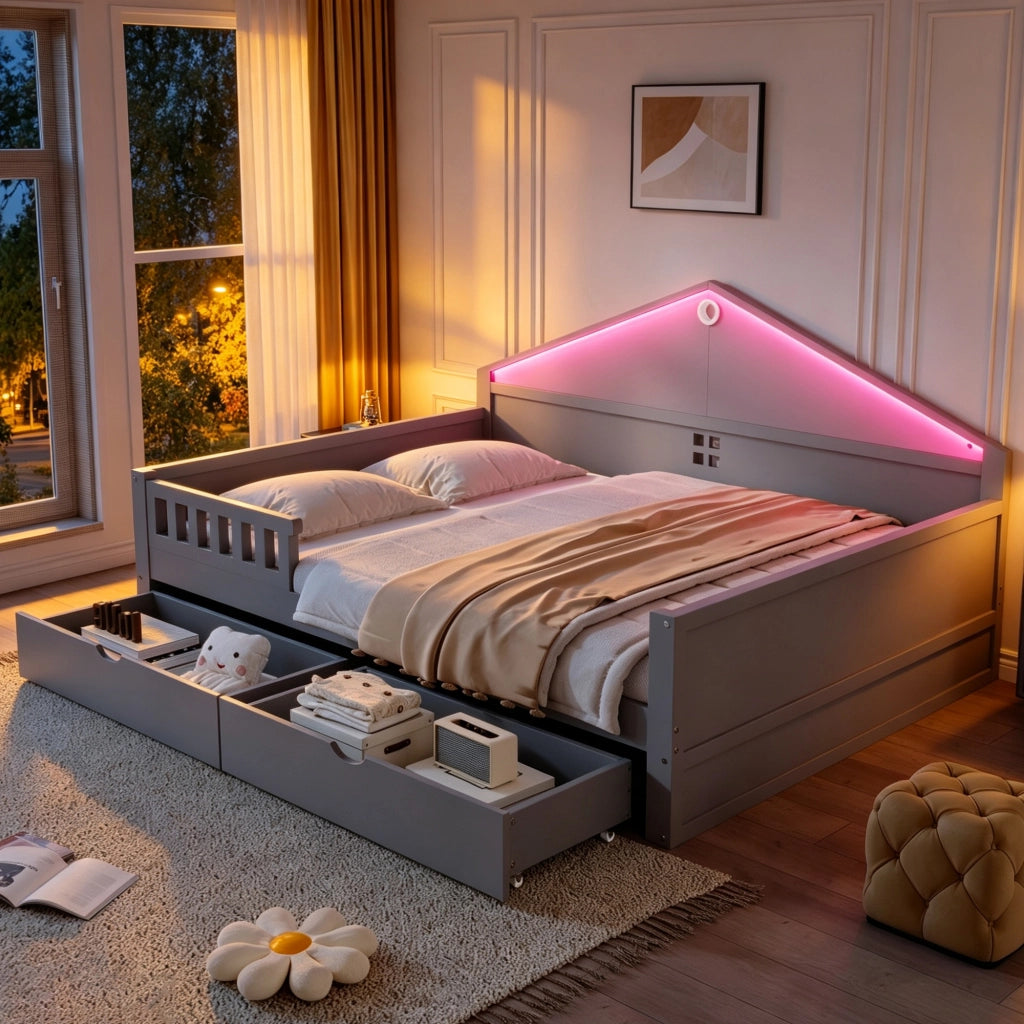 Letto singolo multifunzione 140 × 200 cm con cassetti luce LED legno e MDF grigio portata massima 150 kg