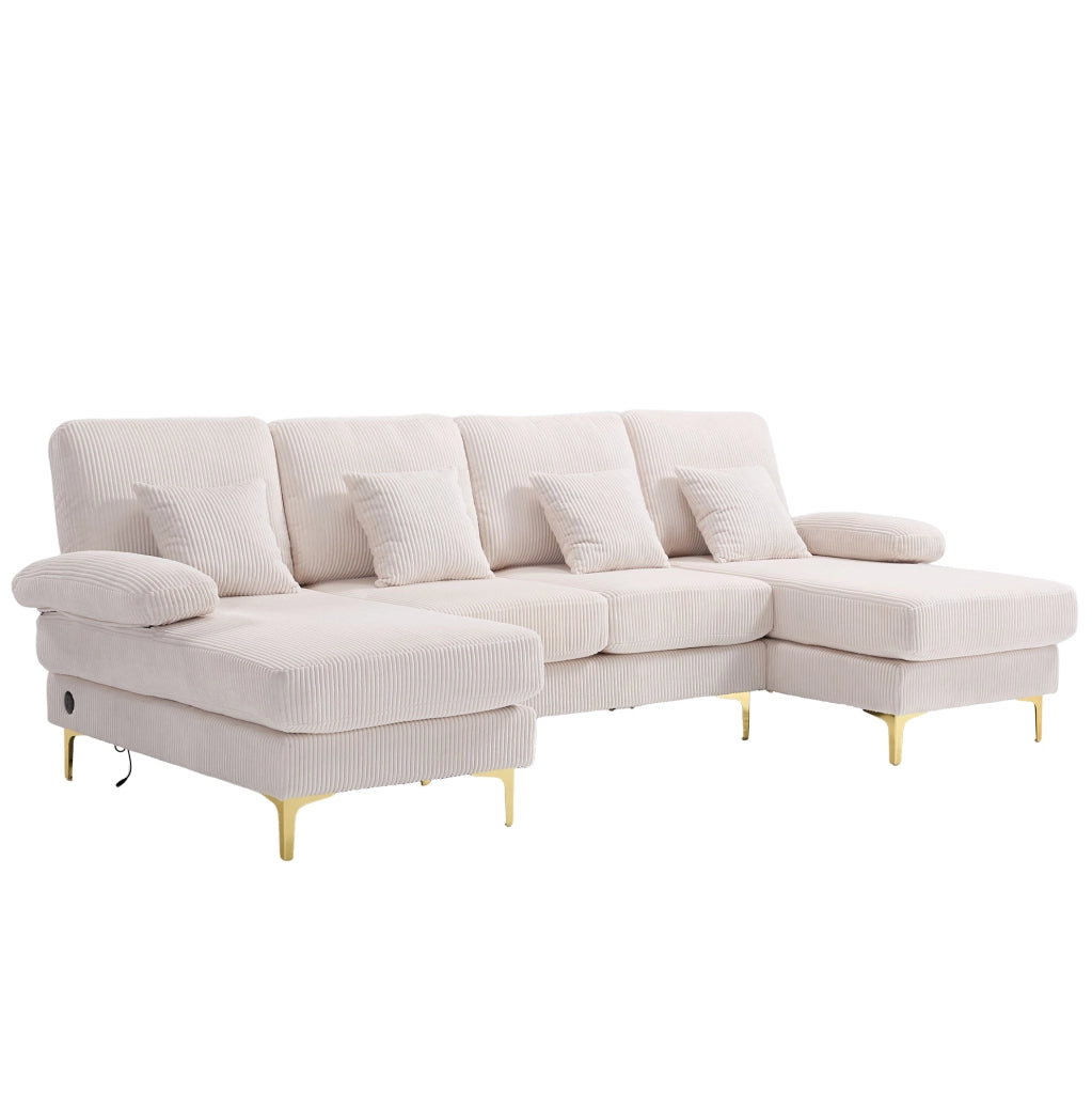 Divano a U 265x135x88 cm in velluto beige con LED e porta USB-C, 4 cuscini