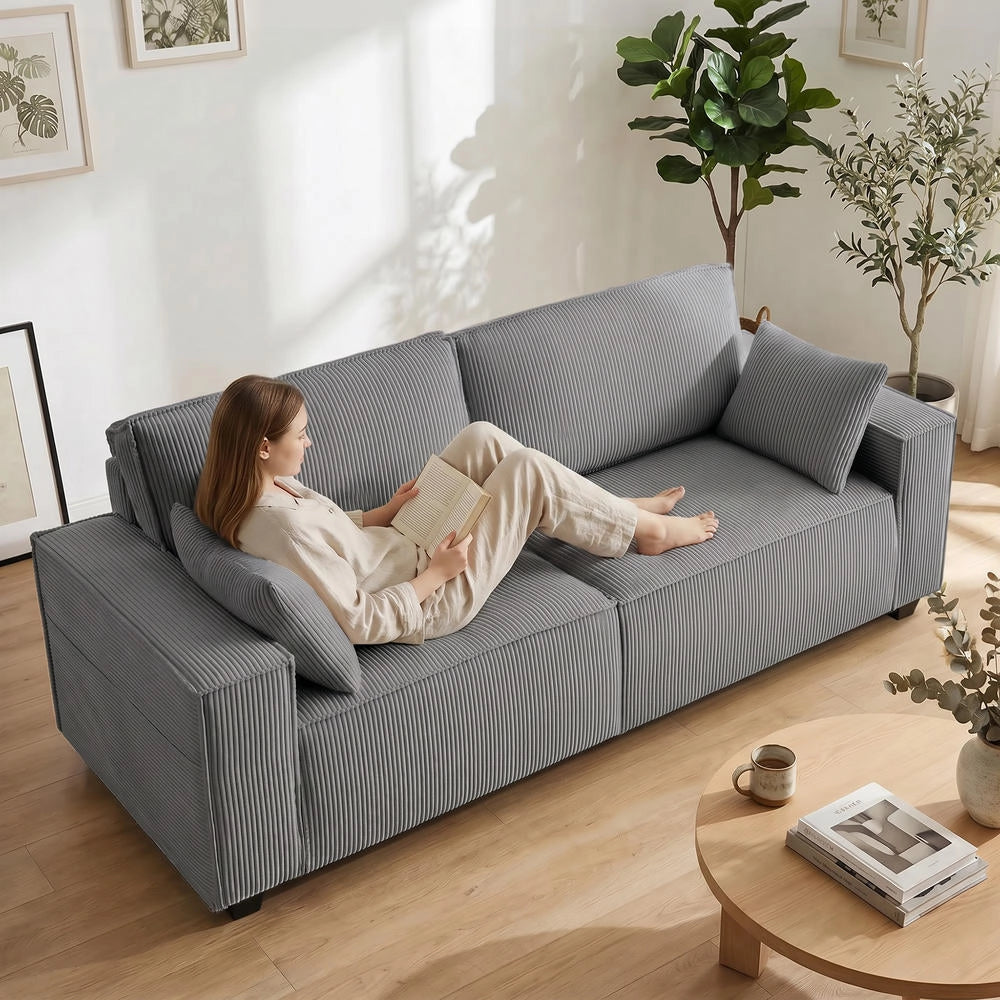 Divano 3 Posti 218 cm Moderno in Velluto a Coste con Molle Insacchettate e 2 Cuscini Grigio Chiaro per Soggiorno
