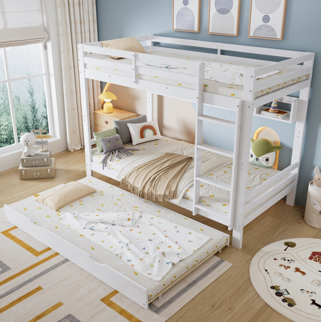 Letto a castello per bambini con letto estraibile; scaffale da 2 metri e scala; bianco; 90x200 cm