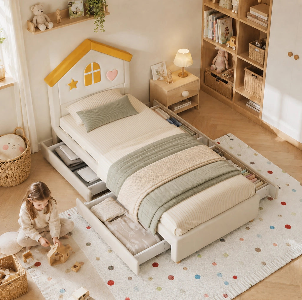 Letto imbottito per bambini 90 x 200 cm beige con 4 cassetti