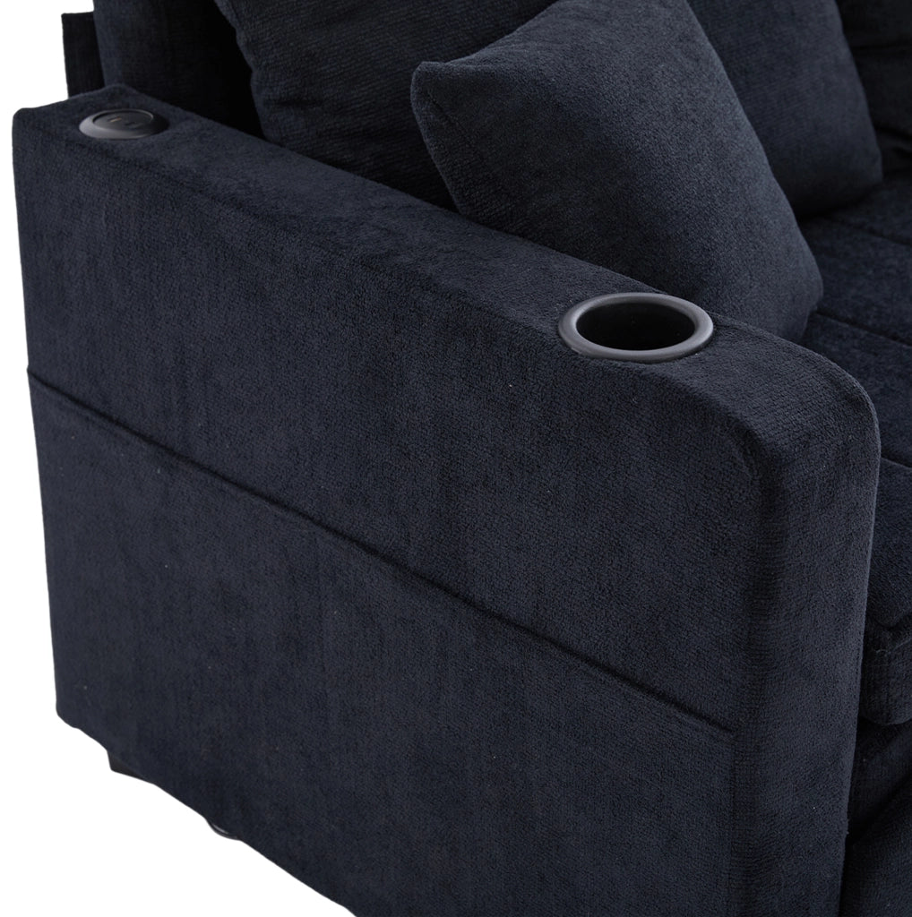 Divano letto ULEVR in ciniglia nera 139x83x58 cm trasformabile, con tasche laterali e 4 cuscini