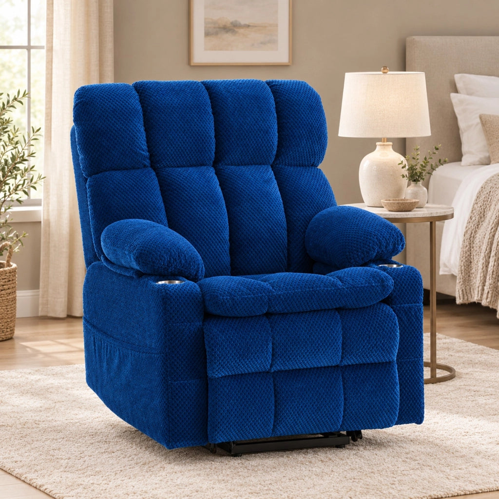 Poltrona elettrica blu con alzata assistita, massaggio e riscaldamento
