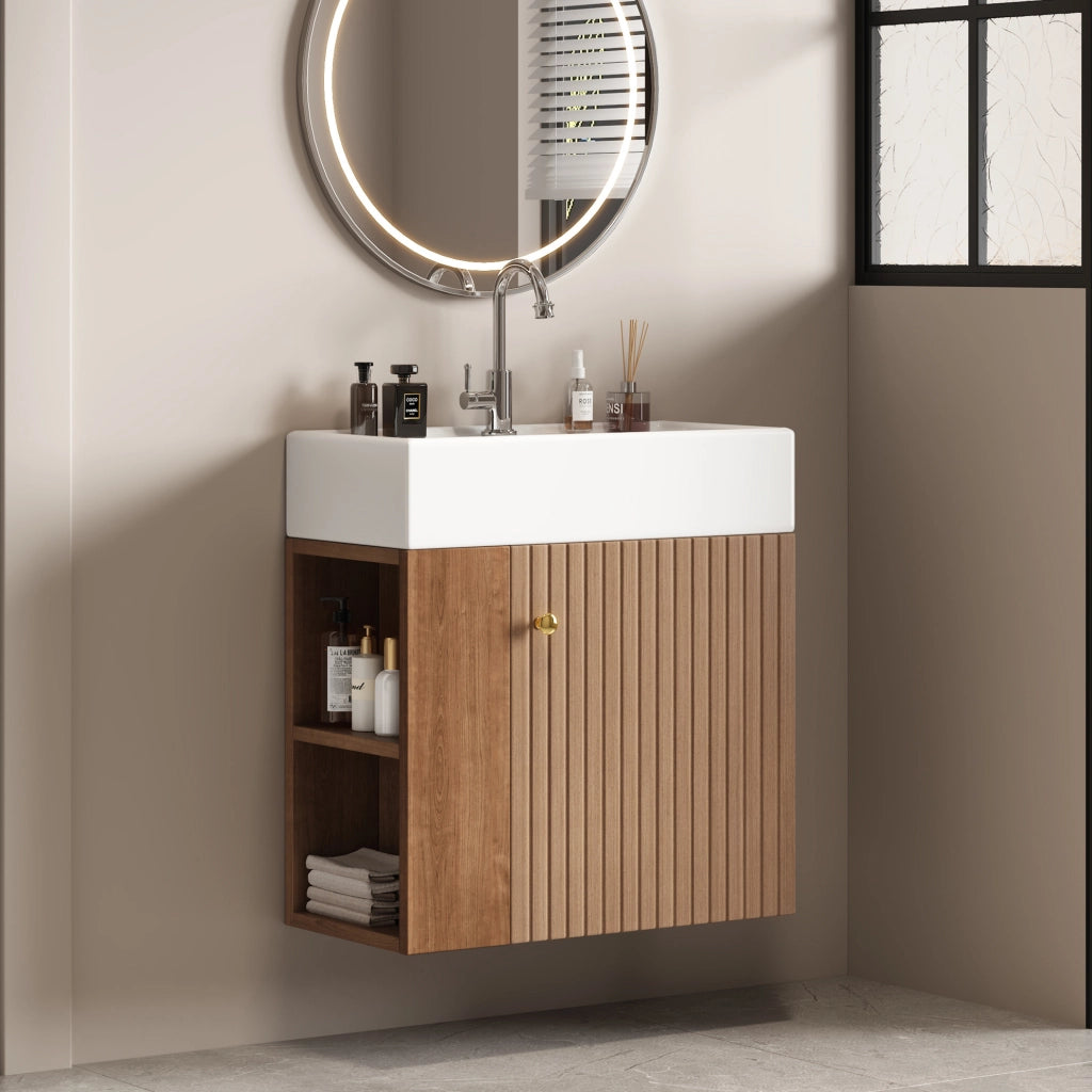 Mobile bagno sospeso con lavabo in ceramica bianco lucido 55 cm, armadietto compatto con maniglia in metallo