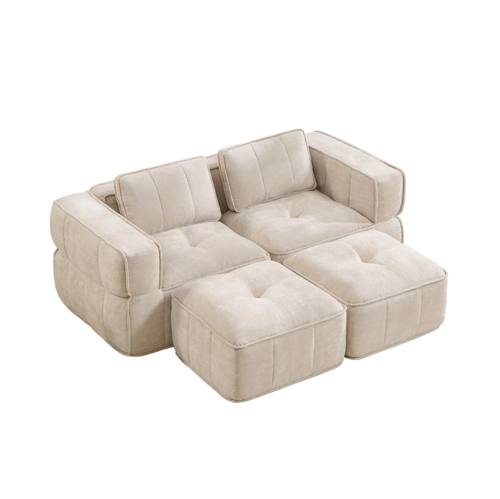 Divano modulare beige in poliestere con pouf