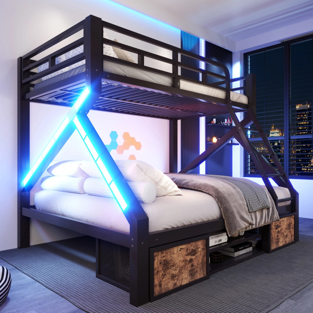 Letto a Castello 90x200/140x200 con Rangement Integrato; LED; Sponde di Sicurezza LEMONMAX Salvaspazio per Camera Bambini