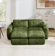 Divano modulare verde in ciniglia senza telaio con pouf