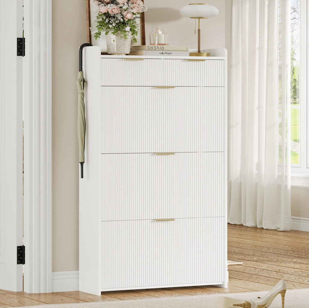 Scarpiera stretta bianca con 3 vani a ribalta e 2 cassetti, 80 x 25 x 135 cm