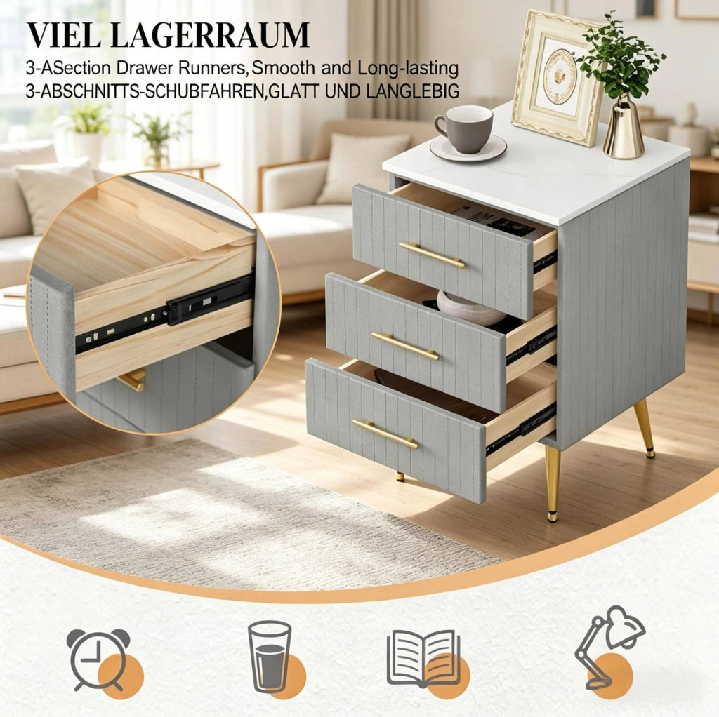 Comodino grigio con 3 cassetti in MDF, velluto e metallo, tavolino laterale 40,5x62x41 cm