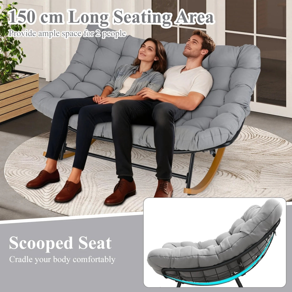 Sedia a dondolo papasan doppia 2 posti in metallo grigio con cuscino spesso 20 cm, poltrona relax per giardino e casa