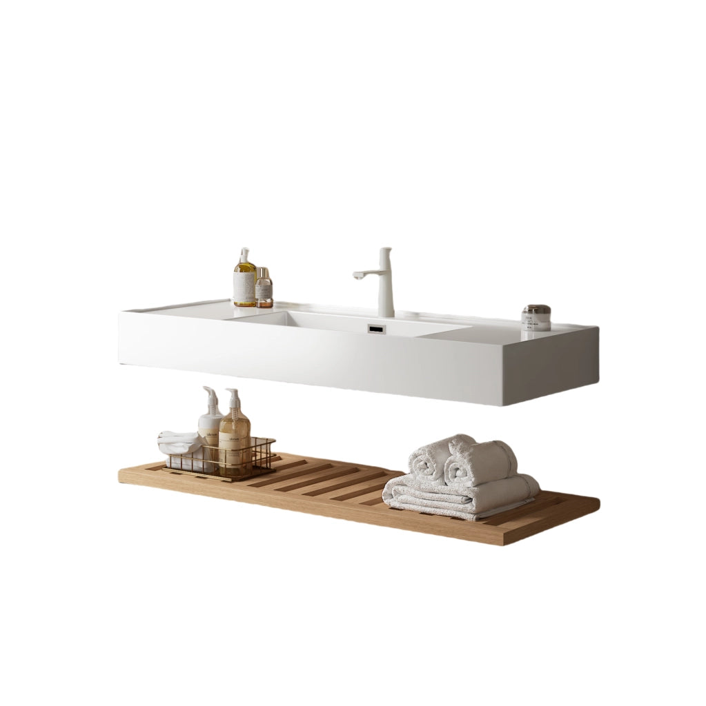 Mobile bagno sospeso 120 cm con lavabo acrilico bianco e ripiani effetto legno naturale