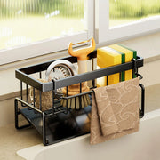 Organizer per lavello con vassoio autosvuotante per strofinaccio, portaspugna, accessori, organizzatore per lavello per cucina e bagno (Nero)