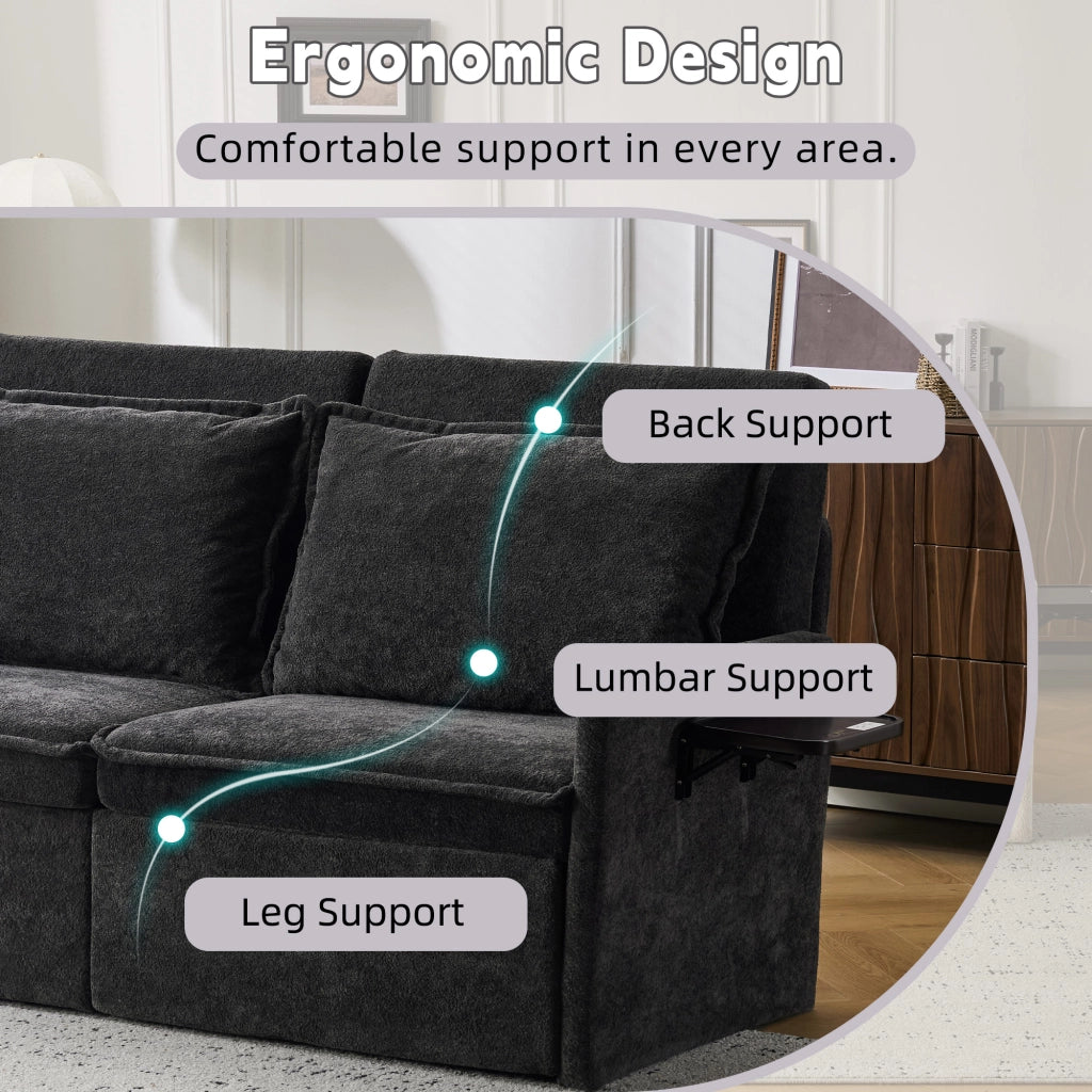 Divano letto in ciniglia nero con schienale regolabile da 90° a 180°; porta USB e Type-C e tasche laterali