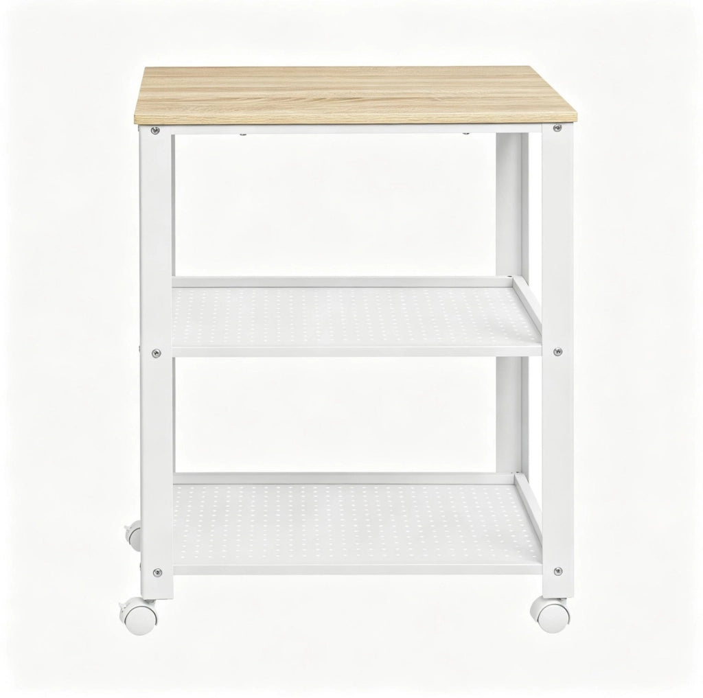 Carrello da cucina a 3 ripiani con ruote, bianco e rovere chiaro