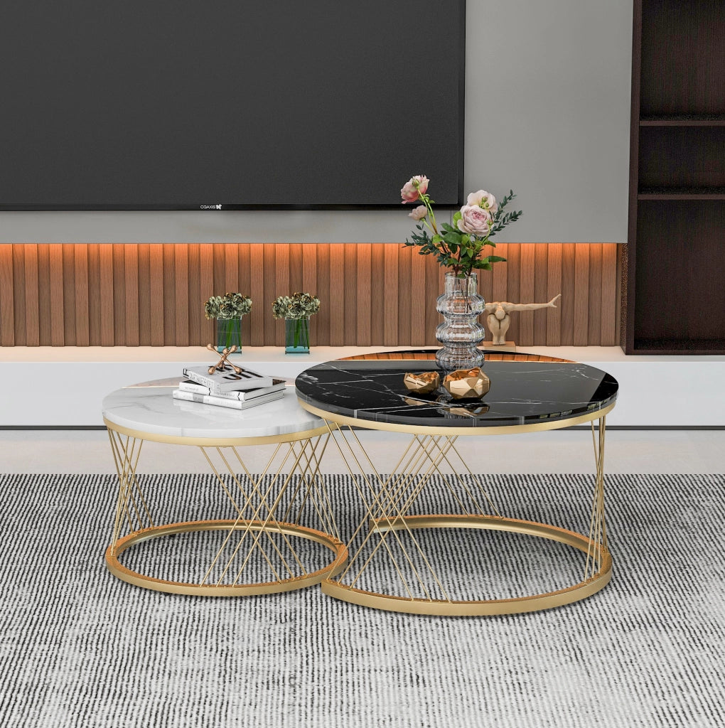 Tavolini da caffè rotondi impilabili 70x70x45 cm MDF nero e bianco, struttura dorata