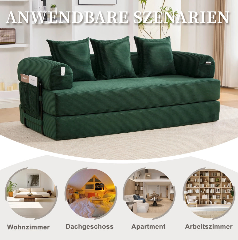 Divano modulare in velluto a coste verde smeraldo con tre cuscini