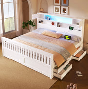 Letto matrimoniale 180x200 cm con testiera libreria LED e 4 cassetti in MDF e compensato; bianco