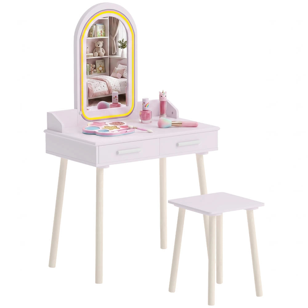 Toletta per bambini 2 in 1 con specchio LED rosa, tavolo da trucco con luci a 3 colori e cassetti, pratica per cameretta