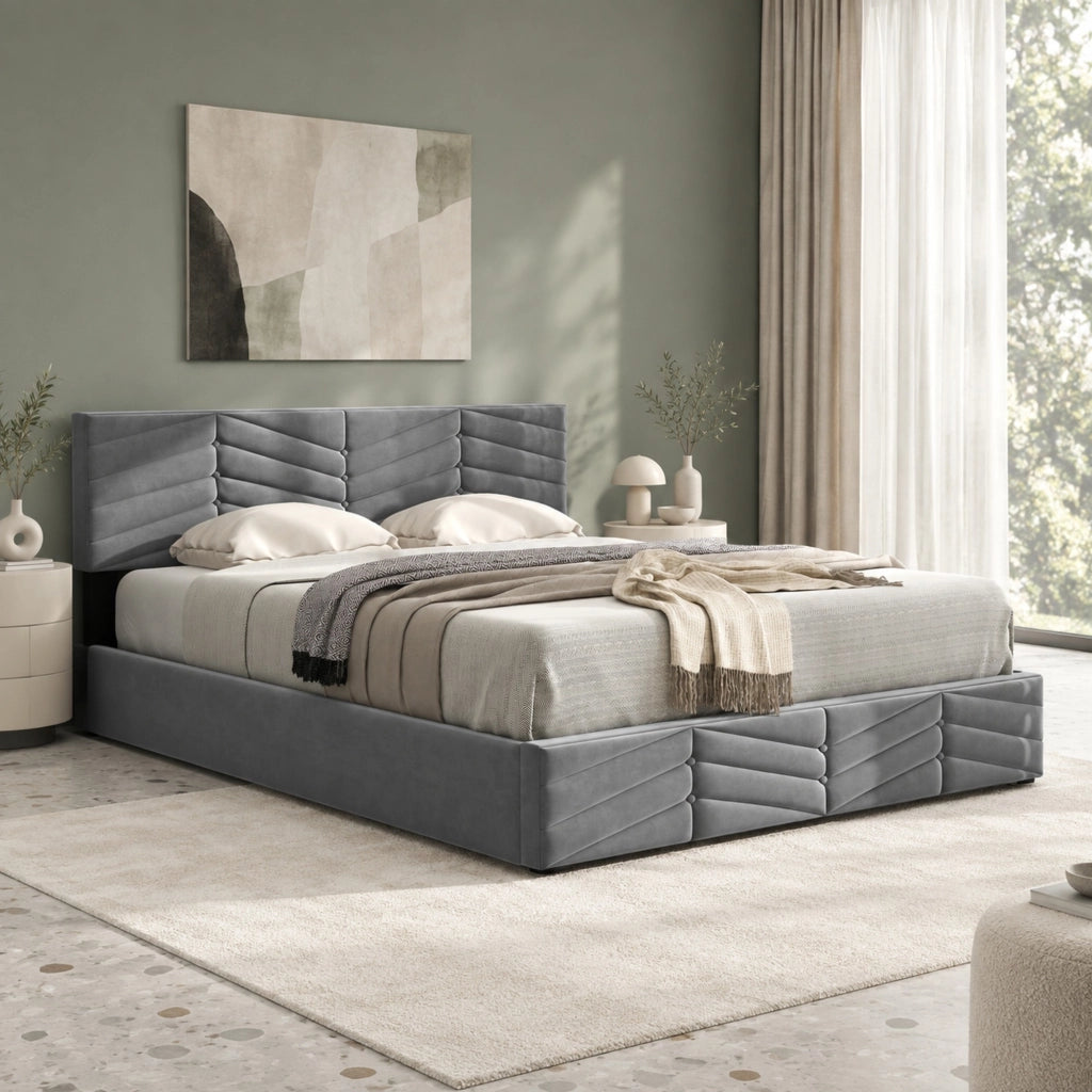Letto matrimoniale imbottito con contenitore, testiera regolabile in altezza, velluto grigio, 140 x 190 cm