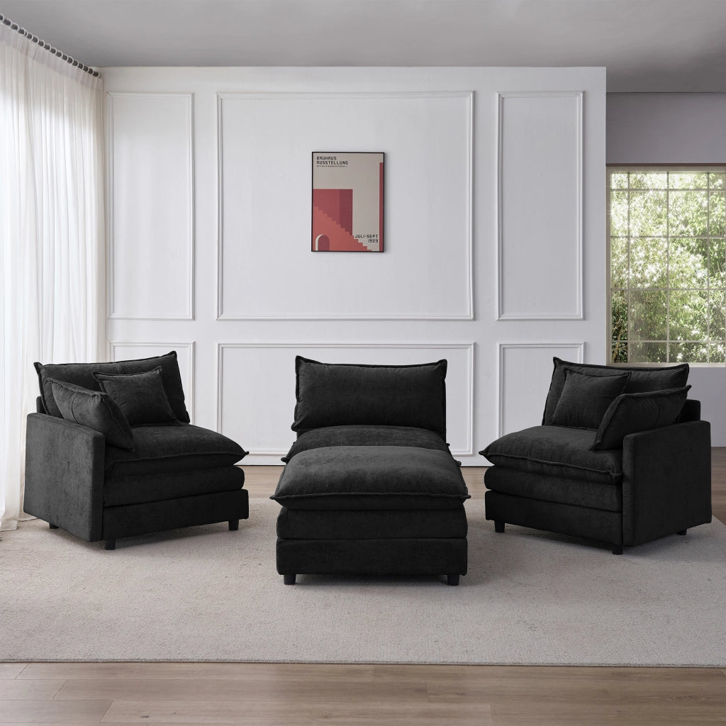 Divano angolare modulare 3 posti con pouf mobile e cuscini sfoderabili, struttura in legno, in ciniglia nera