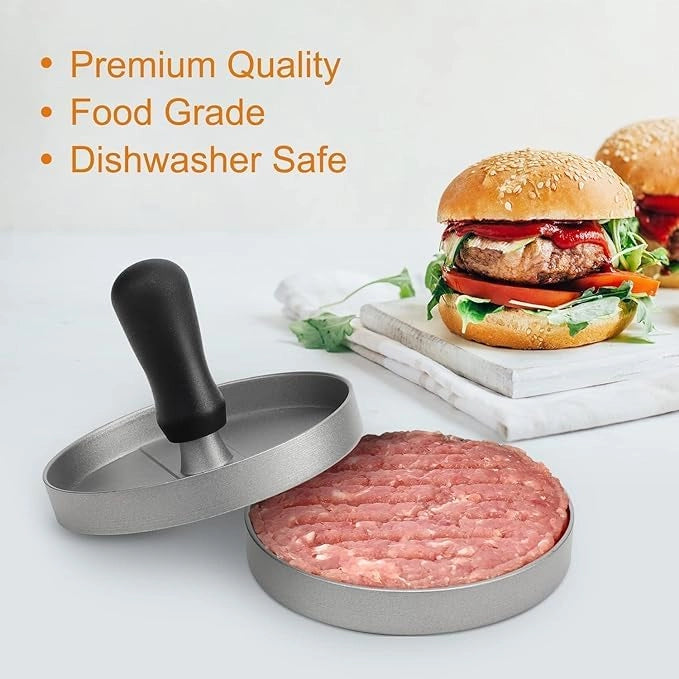 Pressa per hamburger, in alluminio, diametro 12 cm, con manico in legno