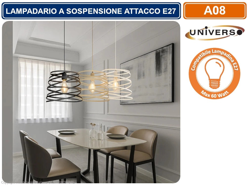 LAMPADARIO MODERNO A SOSPENSIONE CON PARALUME IN METALLO TRAFORATO A VORTICE ATTACCO E27 BIANCO NERO TORTORA - Colore Struttura:Nero