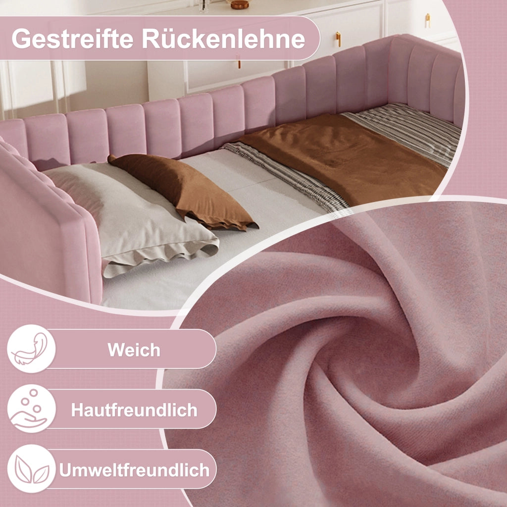 Divano letto 90 × 200 cm con letto estraibile rialzabile in velluto rosa e struttura in MDF