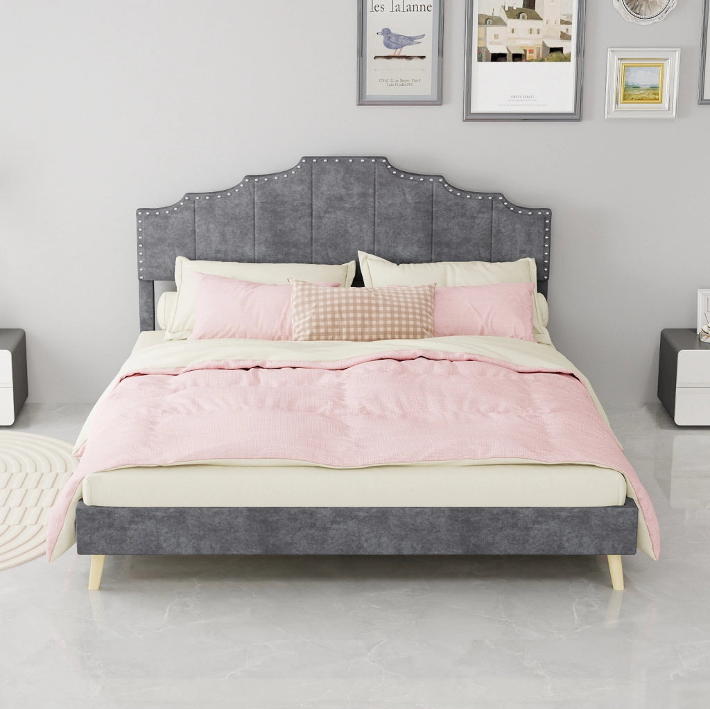 Letto moderno minimalista 160x200 cm con testiera morbida grigia e materasso incluso