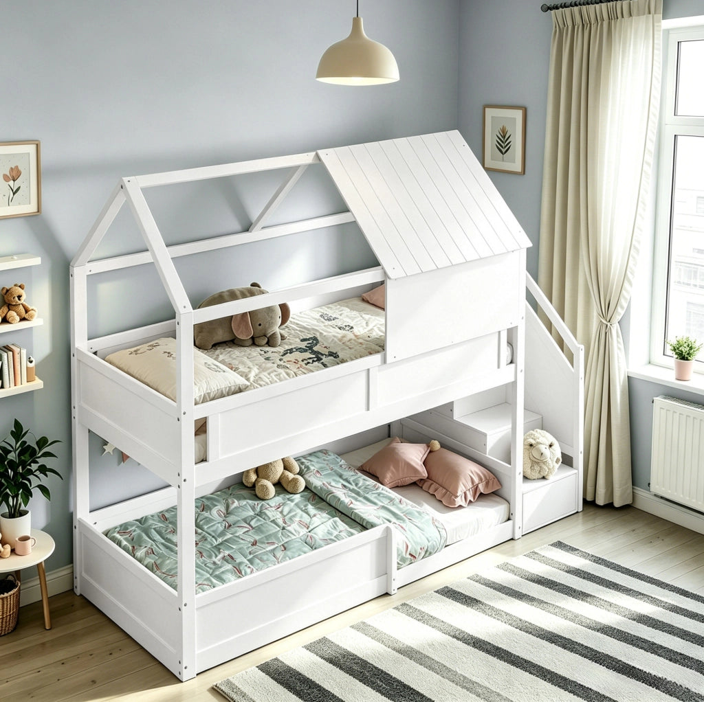 Letto a castello in legno massello bianco con scala e tettoia