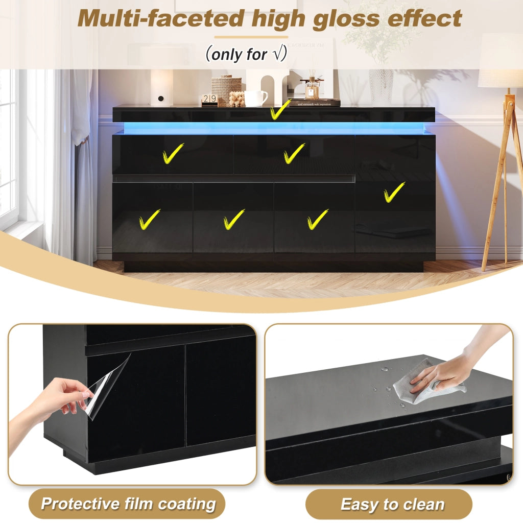 Credenza 140 × 35 × 72,5 cm con 4 ante 2 cassetti ripiani regolabili LED USB in truciolare nero lucido