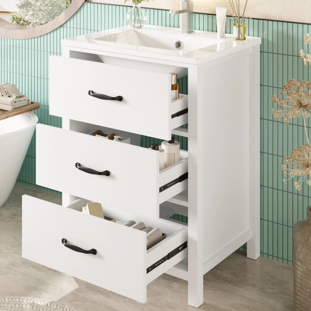 Mobile bagno 61 x 47 x 83 cm in MDF bianco con lavabo ceramico e 3 cassetti