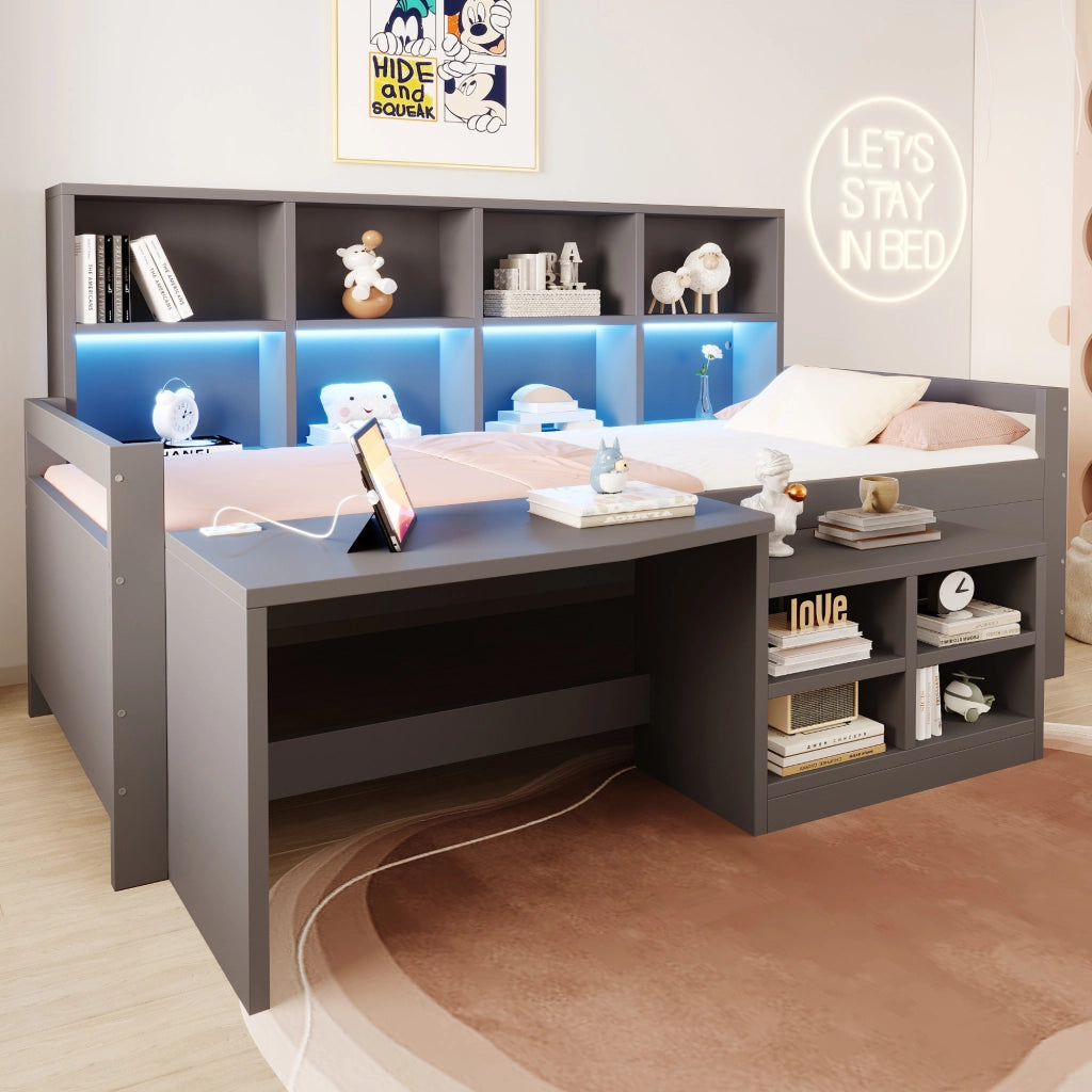 Letto a soppalco singolo 90 × 200 cm con scrivania vani contenitore prese USB LED in legno grigio