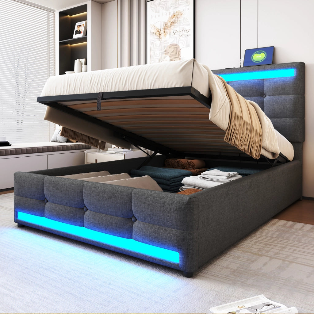 Letto con cassetti 140 ¡Á 200 cm con quattro cassetti LED e 2 porte USB imbottito grigio