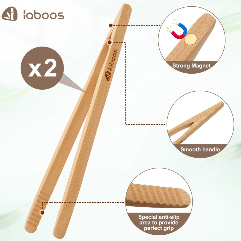 Pinze per toast in bambù, lunghezza 21,5 cm, set da 2, con magnete