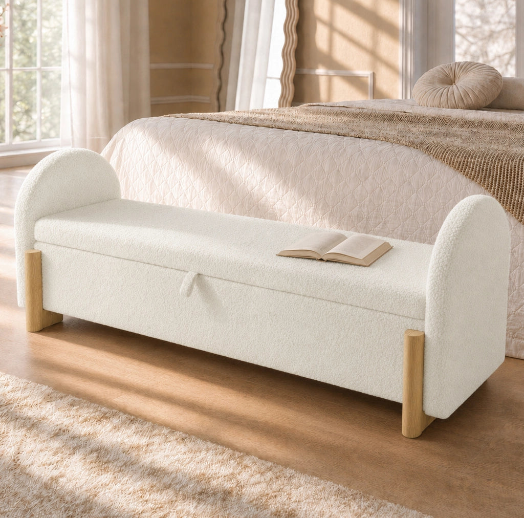 Panca contenitore bianca 146 cm con rivestimento bouclé